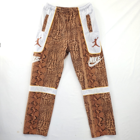 Nike Logo Sweat Pants Brown White Snake Print fleece Handcrafted Men L W30-33x29